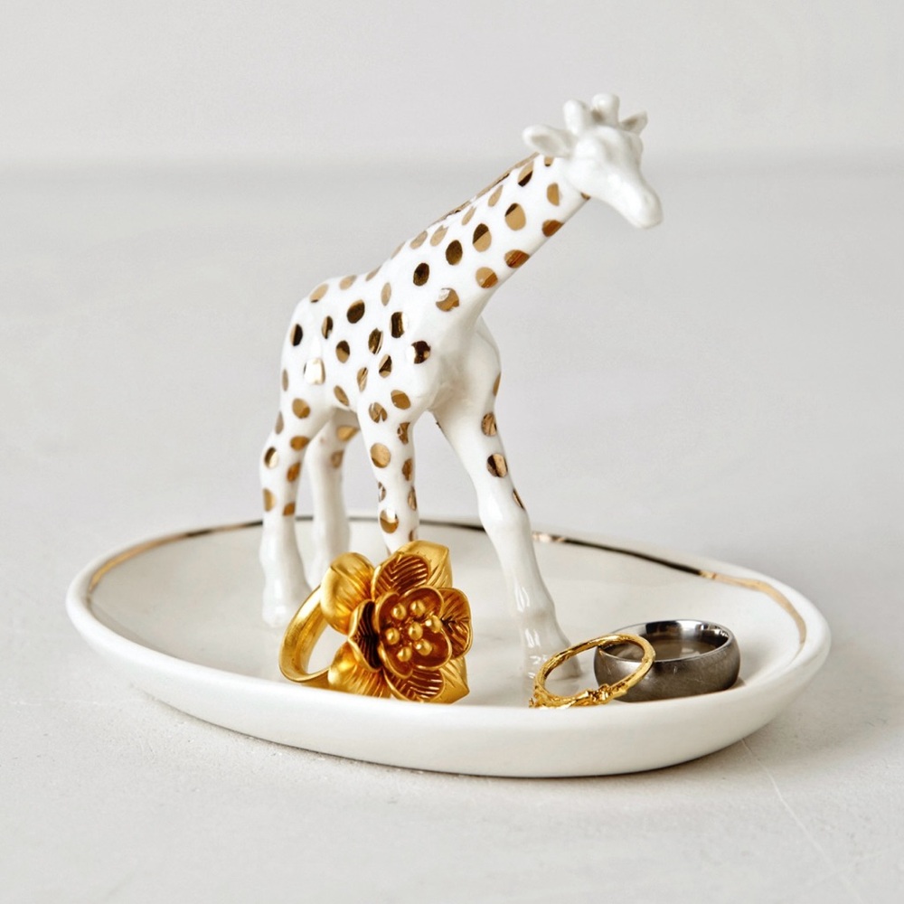 Anthropologie Cream Ceramic Giraffe Jewelry Dish with Gold Accent